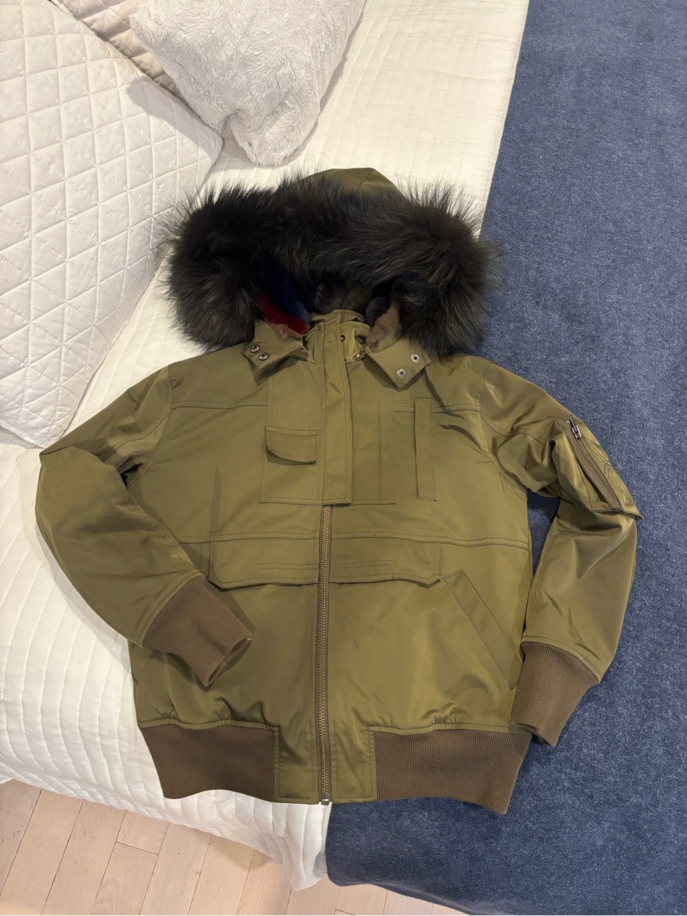 Jocelyn Olive Parka with Removable Multi-Color Rabbit Fur Vest & Silver Fox Hood